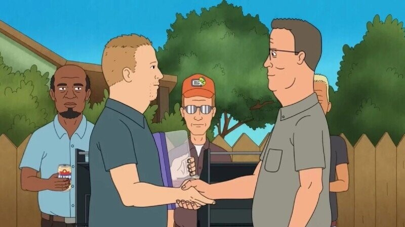 Animated scene of men shaking hands in a backyard setting with others watching