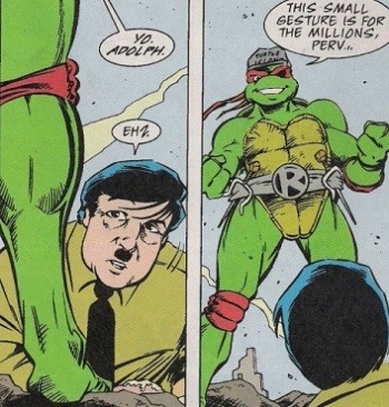 5 'What?' Superhero Stories Hollywood Can Never Make - Raphael of the Teenage Mutant Ninja Turtles punching Hitler