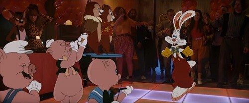 Chip and Dale dance with Roger Rabbit and the Three Little Pigs in 2022 film.