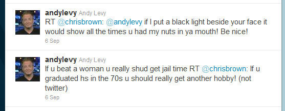andylevy Andy Levy RT @chrisbrown: andylevy if put a black light beside your face it would show all the times U had my nuts in ya mouth! Be nice! 6 Se