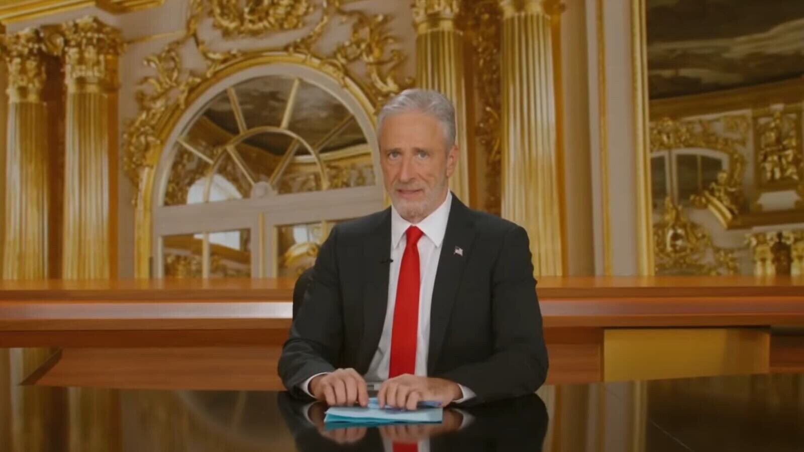 Jon Stewart Delivers Thursday Night ‘Daily Show’ Monologue From Golden Trump-Esque Set