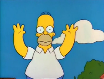 Homer in holding his arms up