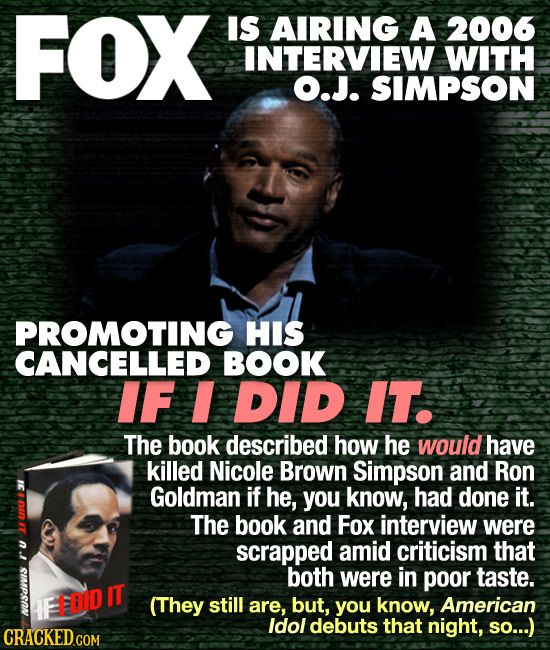 FOX IS AIRING A 2006 INTERVIEW WITH O.J. SIMPSON PROMOTING HIS CANCELLED BOOK IF I DID IT. The book described how he would have killed Nicole Brown Si