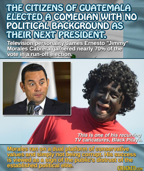 THE CITIZENS OF GUATEMALA ELECTED A COMEDIAN wiTH NO POLITICAL BACKGROUND AS THEIR NEXT PRESIDENT. Television personality James Ernesto Jimmy Morale
