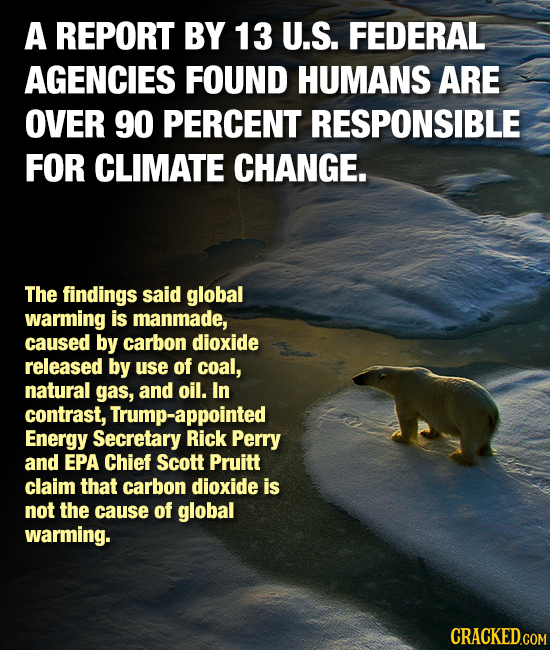 A REPORT BY 13 U.S. FEDERAL AGENCIES FOUND HUMANS ARE OVER 90 PERCENT RESPONSIBLE FOR CLIMATE CHANGE. The findings said global warming is manmade, cau