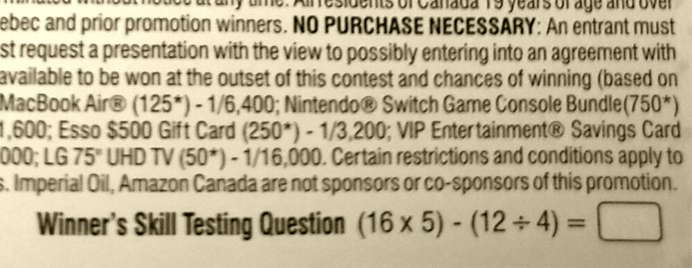 Example of a contest form with skill testing question on the bottom and free entry alternative listed in the fine print