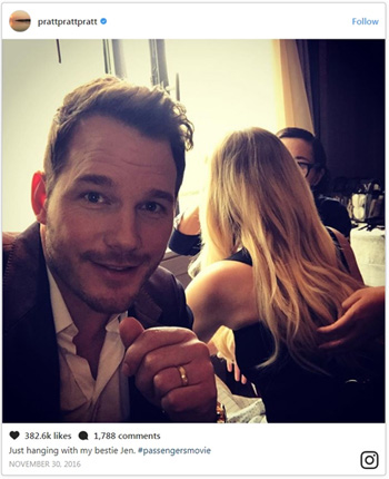 prattprattpratt Follow 382 6k likes 1.788 comments Just hanging with my bestie Jen passengersmovie NOVEMPER 30 2016
