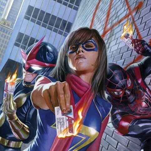 Avengers cover showing Ms. Marvel, Miles Morales Spider-Man and Nova.