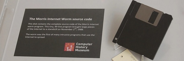 The Morris Internet Worm source code This disk contains thecomplete Souire CO of the Morris internet WAF pogram. This tiy. 99-oe ofottmt brought targe