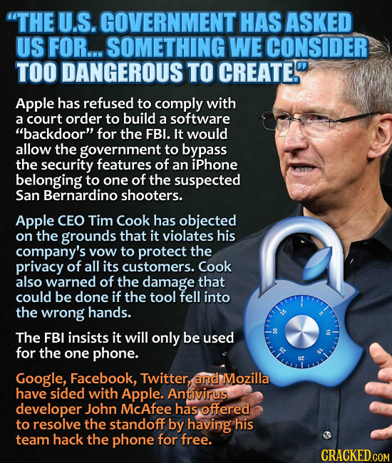 THE U.S. GOVERNMENT HAS ASKED US FOR... SOMETHING WE CONSIDER TOO DANGEROUS TO CREATE. Apple has refused to comply with a court order to build a sof
