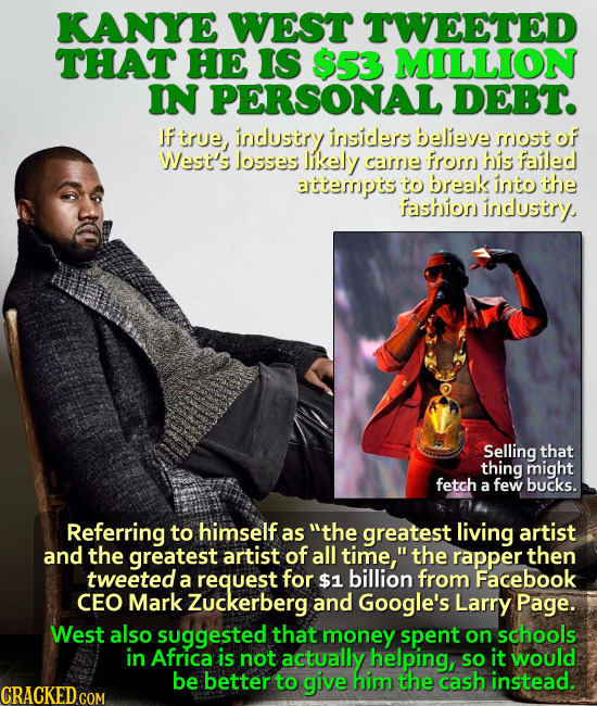 KANYE WEST TWEETED THAT HE IS $53 MILLION IN PERSONAL DEBT. ftrue, industry insiders believe sost of Wes's Josses Jikely casse fror his failed attempi