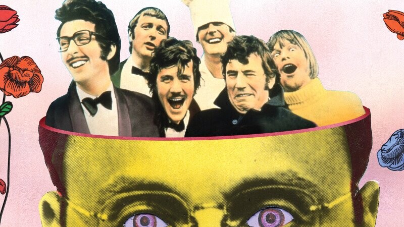 The image depicts a large stylized yellow head with purple eyes and glasses, shown from the forehead up. The top of the head appears to be open like a container, and inside are six smaller men with varied expressions, ranging from laughter to surprise. Each man has distinct facial features and hairstyles, and some are dressed in costumes such as a tuxedo or chef's hat. The background features a soft gradient with scattered colorful flower illustrations.