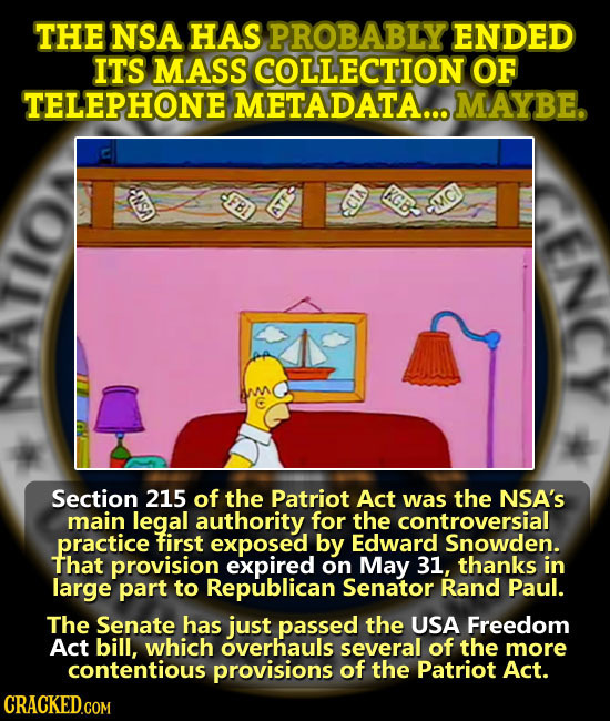 THE NSA HAS PROBABLY ENDED ITS MASS COLLECTION OF TELEPHONE METADATA.... MAYBE. -FBI KGB CMCI ATES Section 215 of the Patriot Act was the NSA'S main l