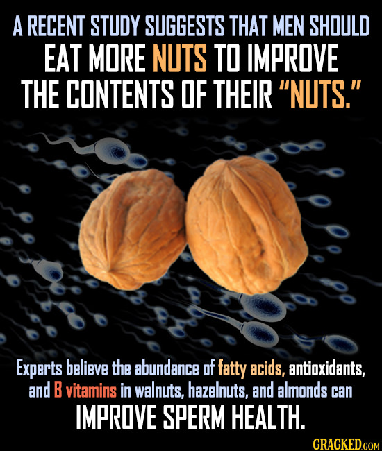 A RECENT STUDY SUGGESTS THAT MEN SHOULD EAT MORE NUTS TO IMPROVE THE CONTENTS OF THEIR NUTS. Experts believe the abundance of fatty acids, antioxida