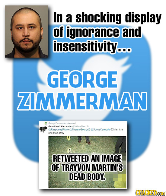 In a shocking display of ignorance and insensitivity.oo GEORGE ZIMMERMAN Georoe Zimmerman retweeted Grand Motf Alexander aSeriou Slav 2d @RaspberryPir