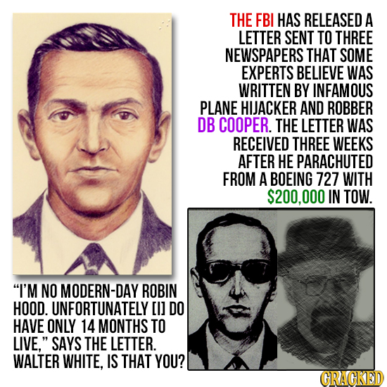 THE FBI HAS RELEASED A LETTER SENT TO THREE NEWSPAPERS THAT SOME EXPERTS BELIEVE WAS WRITTEN BY INFAMOUS PLANE HIJACKER AND ROBBER DB COOPER. THE LETT