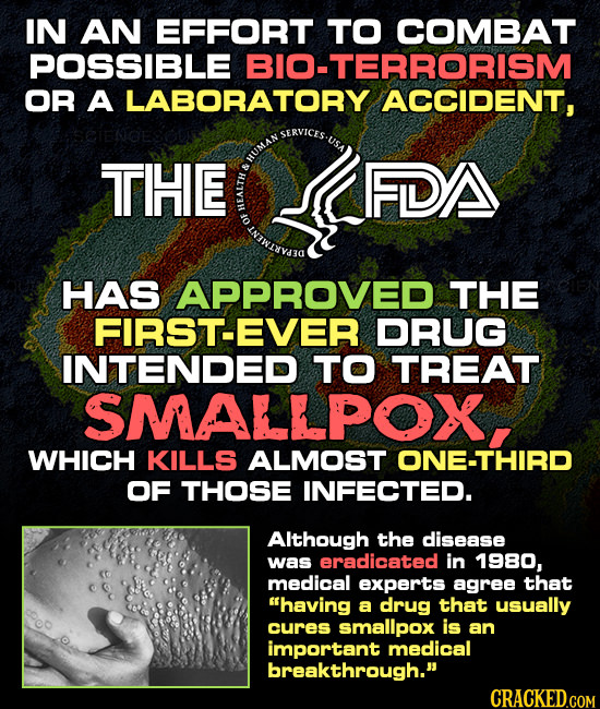 IN AN EFFORT TO COMBAT POSSIBLE BIO-TERRORISM OR A LABORATORY ACCIDENT, THE FDA ALS HAS APPROVED THE FIRST-EVER DRUG INTENDED TO TREAT SMALLPOX WHICH 