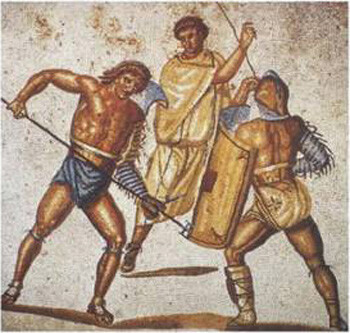 A retiarius stabs at a secutor with his trident in this mosaic from the villa at Nennig, c. 2nd–3rd century CE.