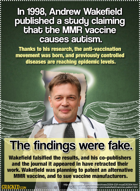 In 1998, Andrew Wakefield published a study claiming that the MMR vaccine causes autism. Thanks to his research, the anti-vaccination movement was bor