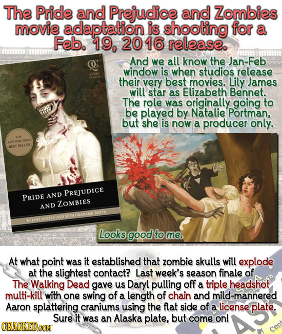 The Pride and Prejudice and Zombies movie adaptation is shooting for a Feb. 19, 20 16 release. And we all know the Jan-Feb window is when studios rele