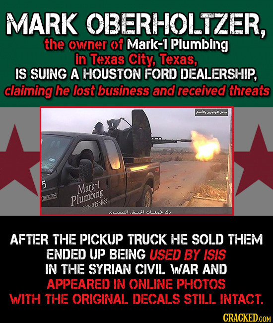 MARK OBERHOLTZER, the owner of Mark-1 Plumbing in Texas City, Texas, IS SUING A HOUSTON FORD DEALERSHIP, claiming he lost business and received threat