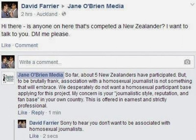 David Farrier Jane O'Brien Media 2 hrs Auckand Hi there is anyone on here that's competed a New Zealander?I want to talk lo you. DM me please. Like -C