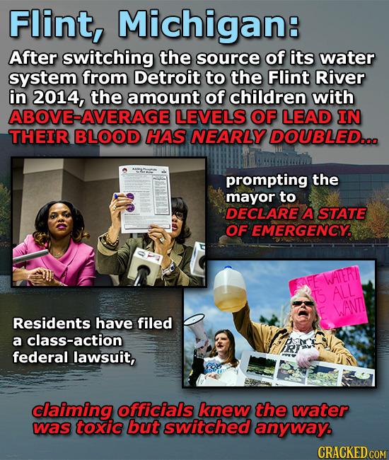 Flint, Michigan: After switching the source of its water system from Detroit to the Flint River in 2014, the amount of children with ABOVE-AVERAGE LEV