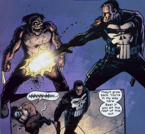 Punisher shoots Wolverine between the legs.