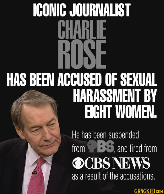 ICONIC JOURNALIST CHARLIE ROSE HAS BEEN ACCUSED OF SEXUAL HARASSMENT BY EIGHT WOMEN. He has been suspended from BS, and fired from OCBSNEWS as a resul