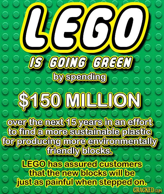 LEGO OS GOING GOEEN by spending $150 MOLLION over the next 15 years in an effort to find a more sustainable plastic for producing more environmentally