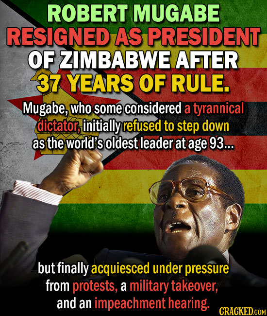 ROBERT MUGABE RESIGNED AS PRESIDENT OF ZIMBABWE AFTER 37 YEARS OF RULE. Mugabe, who some considered a tyrannical dictator, initially refused to step d