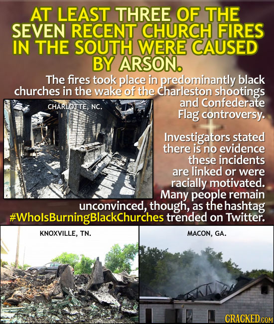 AT LEAST THREE OF THE SEVEN RECENT CHURCH FIRES IN THE SOUTH WERE CAUSED BY ARSON. The fires took place in predominantly black churches in the wake of