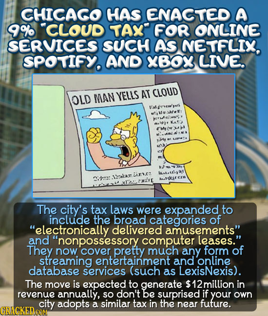 CHICACO HAS ENACTED A 9% CLOUD TAY FOR ONLINE SERVICES SUCH AS NETFLIX, SPOTIFY. AND XBOY LIVE. YELLS AT CLOUD OLD MAN Etenew'veri wtt Myo'i Liras: le