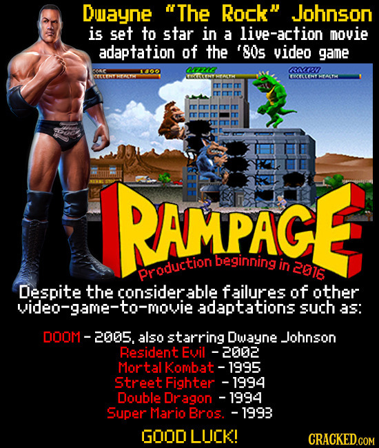 Duayne The Rock Johnson is set to star in a live-action movie adaptation of the '80s video game OZC (RAC' TYCCTHENCYH EREECCENYMEALY IRAMPAGE &FEEE 