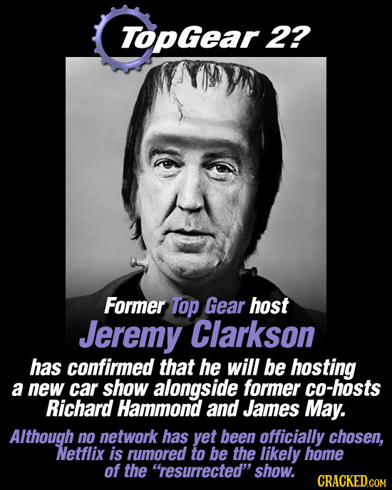 TopGear 22 Former Top Gear host Jeremy Clarkson has confirmed that he will be hosting a new car show alongside former co-hosts Richard Hammond and Jam