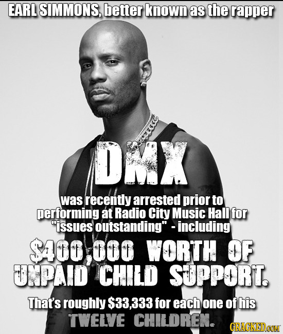 EARL SIMMONS, better known as the rapper DMX g was recently arrested prior to performing at Radio City Music Hall for issues outstanding - including