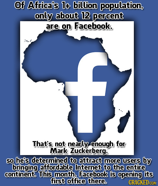Of Africa's 1+ billion population, only about 12 percent are on Facebook. That's not nearly enough for Mark Zuckerberg, So he's determined to attract 