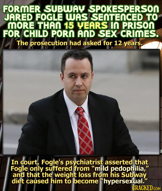 FORMER SUBWAY SPOKESPERSON JARED FOGLE WAS SENTENCED TO More THAN 15 YEARS IN PRISON FOR CHILD PORN AND SEX CRIMES. The prosecution had asked for 12 y