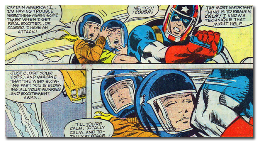 CAPTAIN AMERICA! ME, TOO! THE MOSTIMPOORTANT I'M HAVING TROBLE COUGHE THING IS TO REMAIN BREATHING AGAINI Cove. CALM! T KNOW A TIMEC WHEN I GET TECUNI