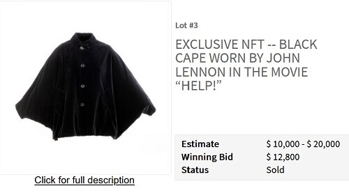 Screenshot of Julian Lennon NFT of John Lennon cape.