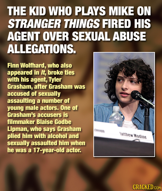 THE KID WHO PLAYS MIKE ON STRANGER THINGS FIRED HIS AGENT OVER SEXUAL ABUSE ALLEGATIONS. Finn Wolfhard, who also appeared in It, broke ties with his a