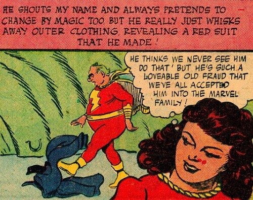 Comic book panel showing DC's Mary Marvel and Uncle Dudley.