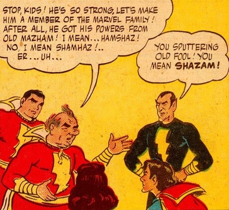 Comic book panel showing DC's Marvel Family and Black Adam.