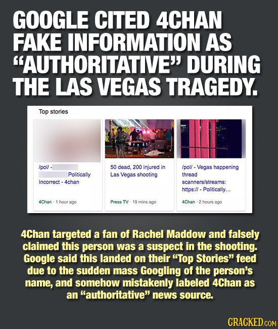 GOOGLE CITED 4CHAN FAKE INFORMATION AS AUTHORITATIVE DURING THE LAS VEGAS TRAGEDY. Top stories /pol 50 dead. 200 injured in /pol/ Vegas happening Po