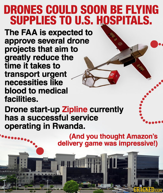 DRONES COULD SOON BE FLYING SUPPLIES TO U.S. HOSPITALS. The FAA is expected to approve several drone projects that aim to greatly reduce the time it t