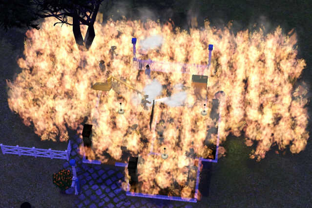 A huge fire in a Sims house