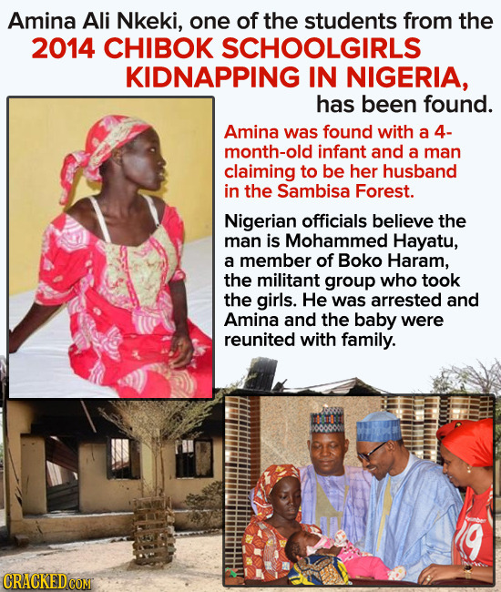 Amina Ali Nkeki, one of the students from the 2014 CHIBOK SCHOOLGIRLS KIDNAPPING IN NIGERIA, has been found. Amina was found with a 4- month-old infan