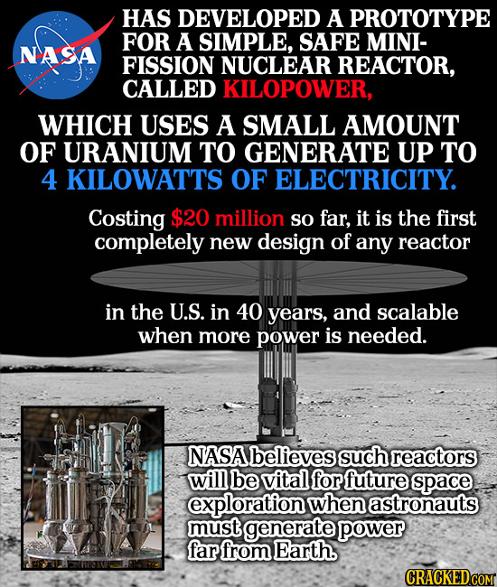 HAS DEVELOPED A PROTOTYPE FOR A SIMPLE, SAFE MINI- NAOA FISSION NUCLEAR REACTOR, CALLED KILOPOWER, WHICH USES A SMALL AMOUNT OF URANIUM TO GENERATE UP