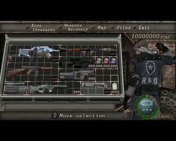 Keys Weapons Map O Files O Exit Trcosurcs Recovery 10000000 Pras 999999999.999. 999 R.P.O. B 999 999 2 Move selection Teon 