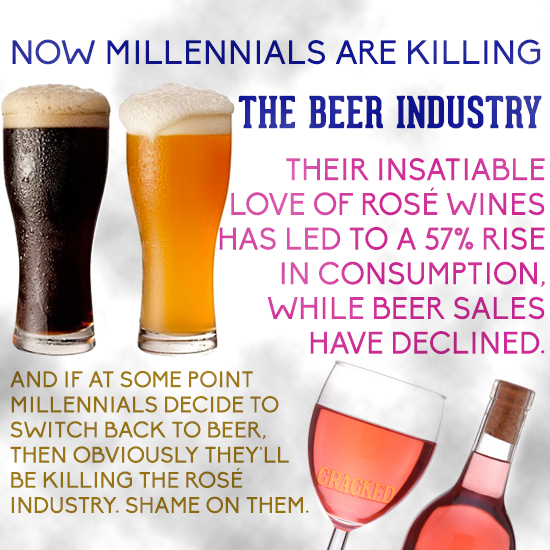 NOW MILLENNIALS ARE KILLING THE BEER INDUSTRY THEIR INSATIABLE LOVE OF ROSE WINES HAS LED TO A 57% RISE IN CONSUMPTION, WHILE BEER SALES HAVE DECLINED
